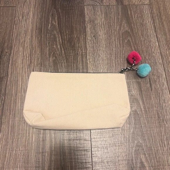 Macys Canvas Make Up Print Cosmetic Pouch Case With Pom Poms - Picture 4 of 4